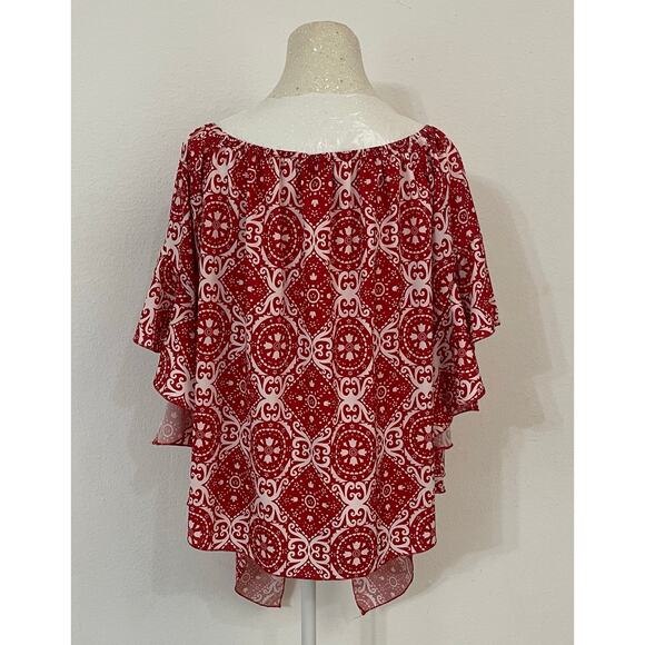 FASHION brand red and white poncho-style blouse sz L boho-chic beachwear - Picture 2 of 5